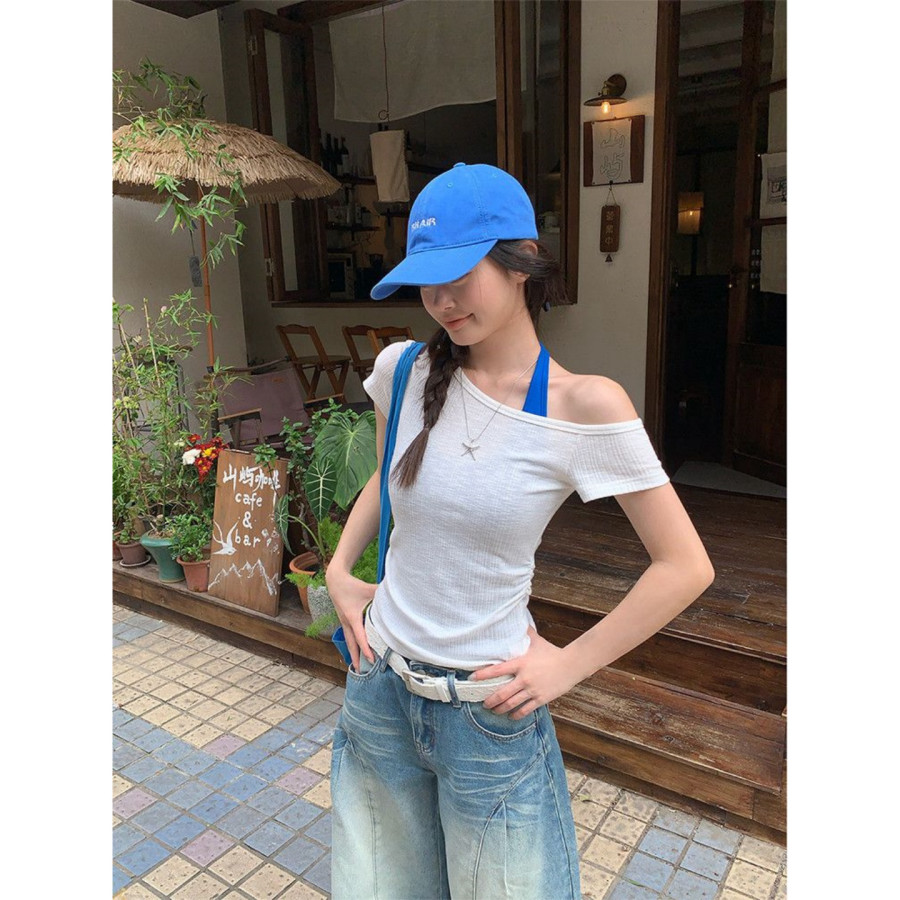 빅 사이즈 핫걸 비스듬한 어깨 티셔츠 스택 착용 행침 목 조끼 세트
