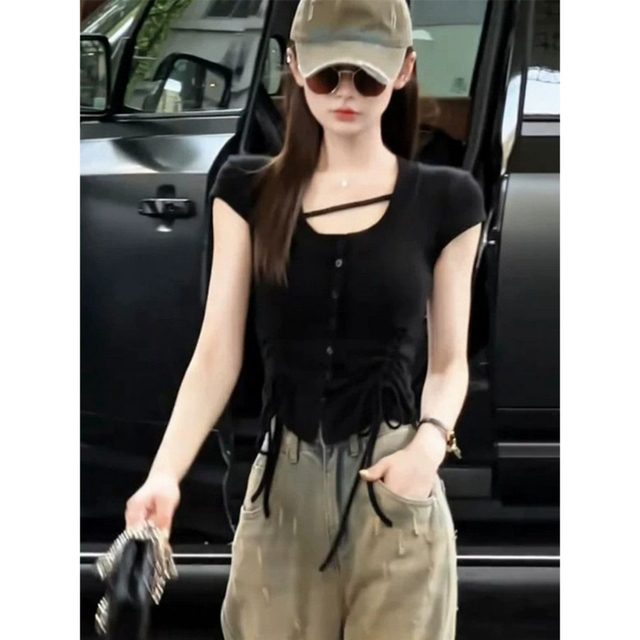 빅 사이즈 불규칙 u 칼라 단추 밑단 펌프 로프 반팔 티셔츠