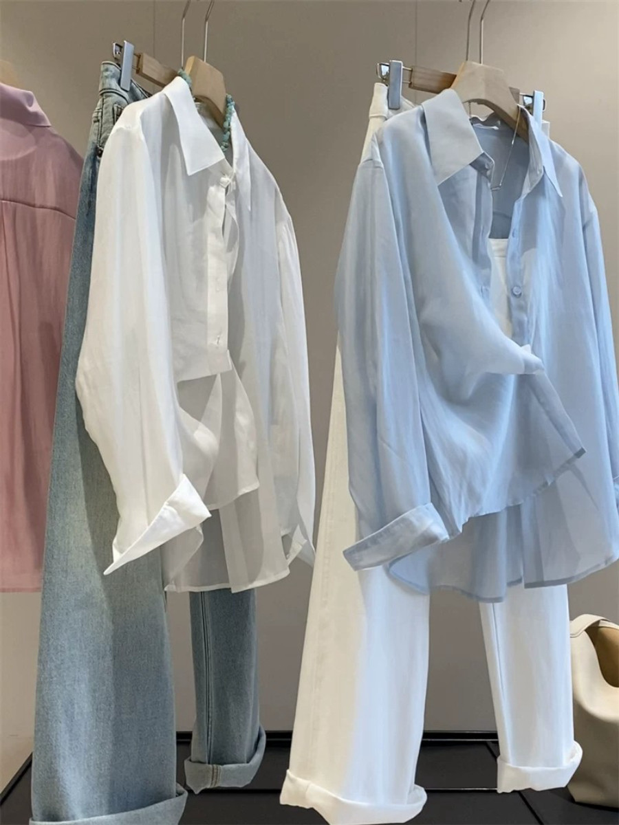 빅 사이즈 봄 여름 섹션 고급 느슨함 센스 폴로 칼라 얇은 스타일 셔츠 셔츠