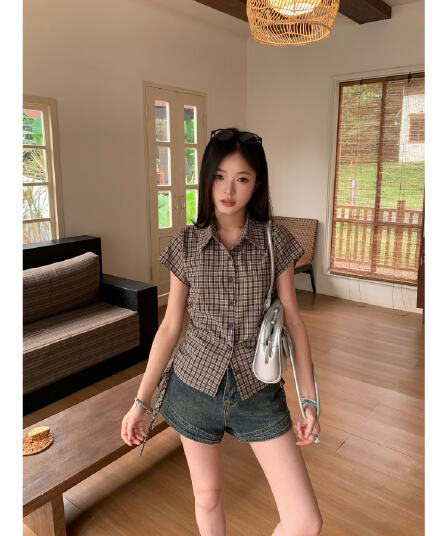 빅 사이즈 체크무늬 POLO 칼라 반팔 여성 셔츠 여름 한 부서 몸매 가꾸기 슬림해 보이는 허리 수축 셔츠 커피 색상 맨위
