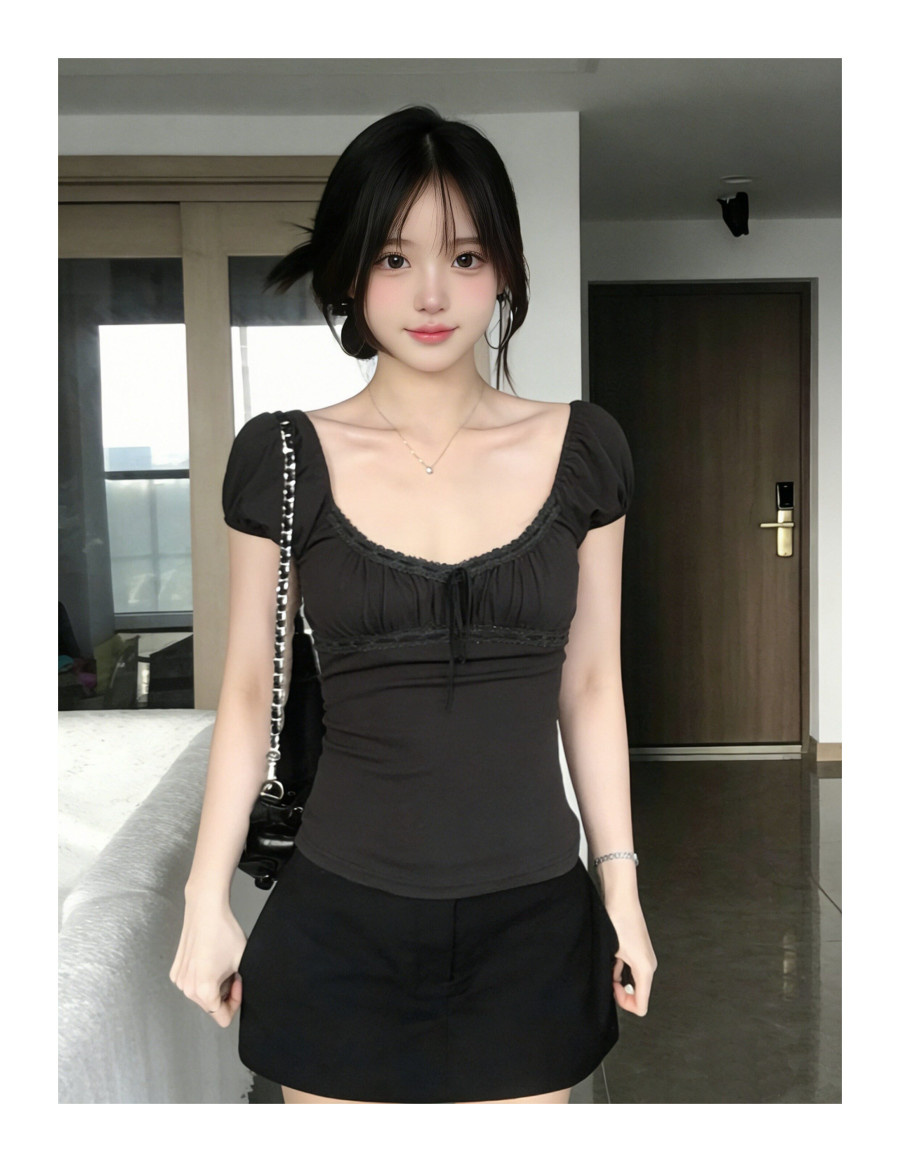 빅 사이즈 회색 긍정적 인 어깨 u 칼라 반팔 티셔츠 여성 여름 레이스 레이스 핫걸 작은 셔츠 몸매 가꾸기 허리 수축 맨위