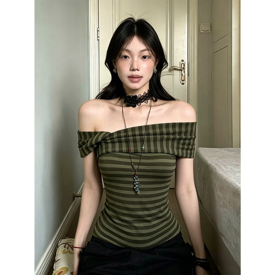 빅 사이즈 녹색 스트라이프 오프숄더 반팔 티셔츠 여성 여름 핫걸 바람 주름 몸매 가꾸기 슬림해 보이는 오프숄더 맨위