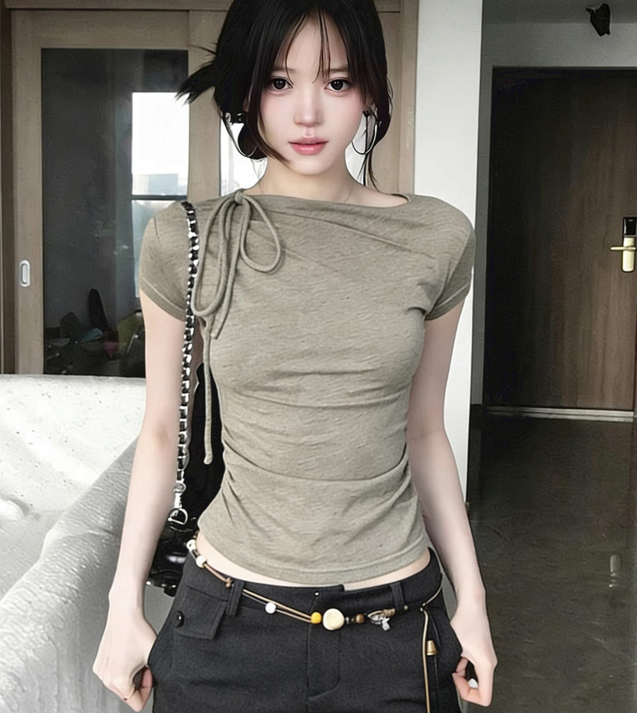 빅 사이즈 한 부서 작은 대중 주름 스트랩 반팔 티셔츠 여성 여름 몸매 가꾸기 슬림해 보이는 자이언트 잘 생긴 허리 수축 긍정적 인 어깨 의류