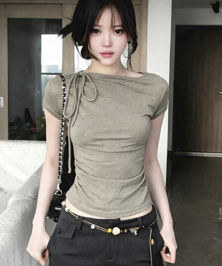 빅 사이즈 한 부서 작은 대중 주름 스트랩 반팔 티셔츠 여성 여름 몸매 가꾸기 슬림해 보이는 자이언트 잘 생긴 허리 수축 긍정적 인 어깨 의류