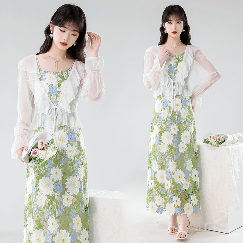 실사 2026 슈퍼 잘 생긴 녹색 꽃무늬 슬립 드레스 여름 아름다운 해변가 휴가 해변 롱 스커트 슬림해 보이는