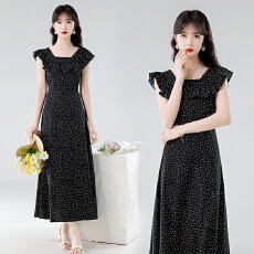 批发小飞袖波点连衣裙女2026<b class='q'>夏季</b>新款法式高级感收腰无袖方领气质<b class='q'>长裙</b>