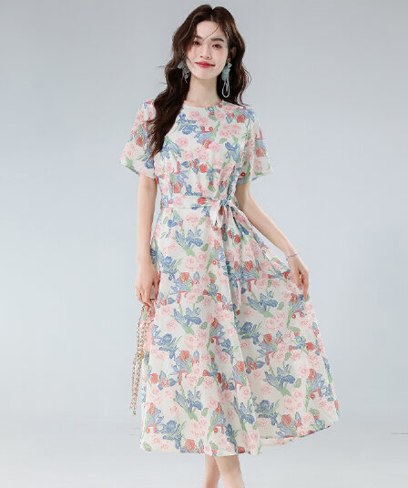 실사 유화 바람 프랑스식 여성 드레스 여름 2025 새로운 전원 바람 해변가 꽃무늬 허리 수축 품격 롱 스커트