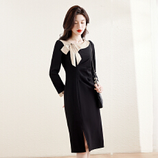 批发时尚拼接蝴蝶结设计感<b class='q'>连衣裙</b>女2025新款气质显瘦中长款<b class='q'>开叉</b>裙子
