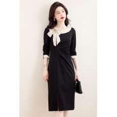 批发时尚拼接蝴蝶结设计感连衣裙女2025新款气质显瘦<b class='q'>中长款</b>开叉裙子