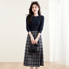 批发实拍复古长袖针织<b class='q'>拼接</b>磨毛格纹内搭假两件<b class='q'>连衣裙</b>女2025秋冬新款裙