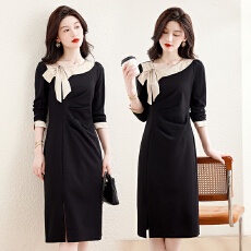 批发实拍时尚<b class='q'>拼接</b>蝴蝶结<b class='q'>连衣裙</b>女2025春秋新款气质显瘦中长款开叉裙子