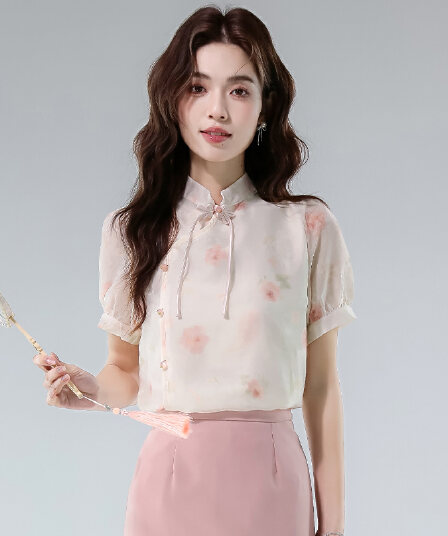 실사 새로운 중국풍 반팔 핑크색 여성 셔츠 202 여름 새로운 얇은 스타일 작은 대중 쉬폰 톱