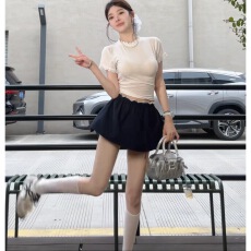 批发媛媛芭蕾学姐<b class='q'>蕾丝</b>边圆领打底衫＋学院风花苞裙假两件松紧腰半身裙