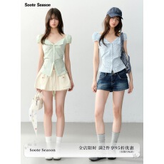 批发Soote Season 原创韩系波点翻领天丝收腰绑带蕾丝<b class='q'>泡泡袖</b>衬衫短袖