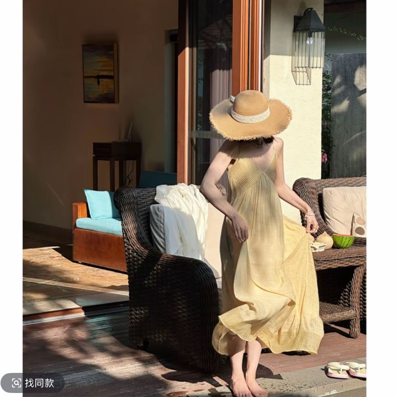 madofit Madou 2150 남쪽 의미 여름 V넥 슬립 드레스 휴가 해변 드레스 롱 스커트 당나라
