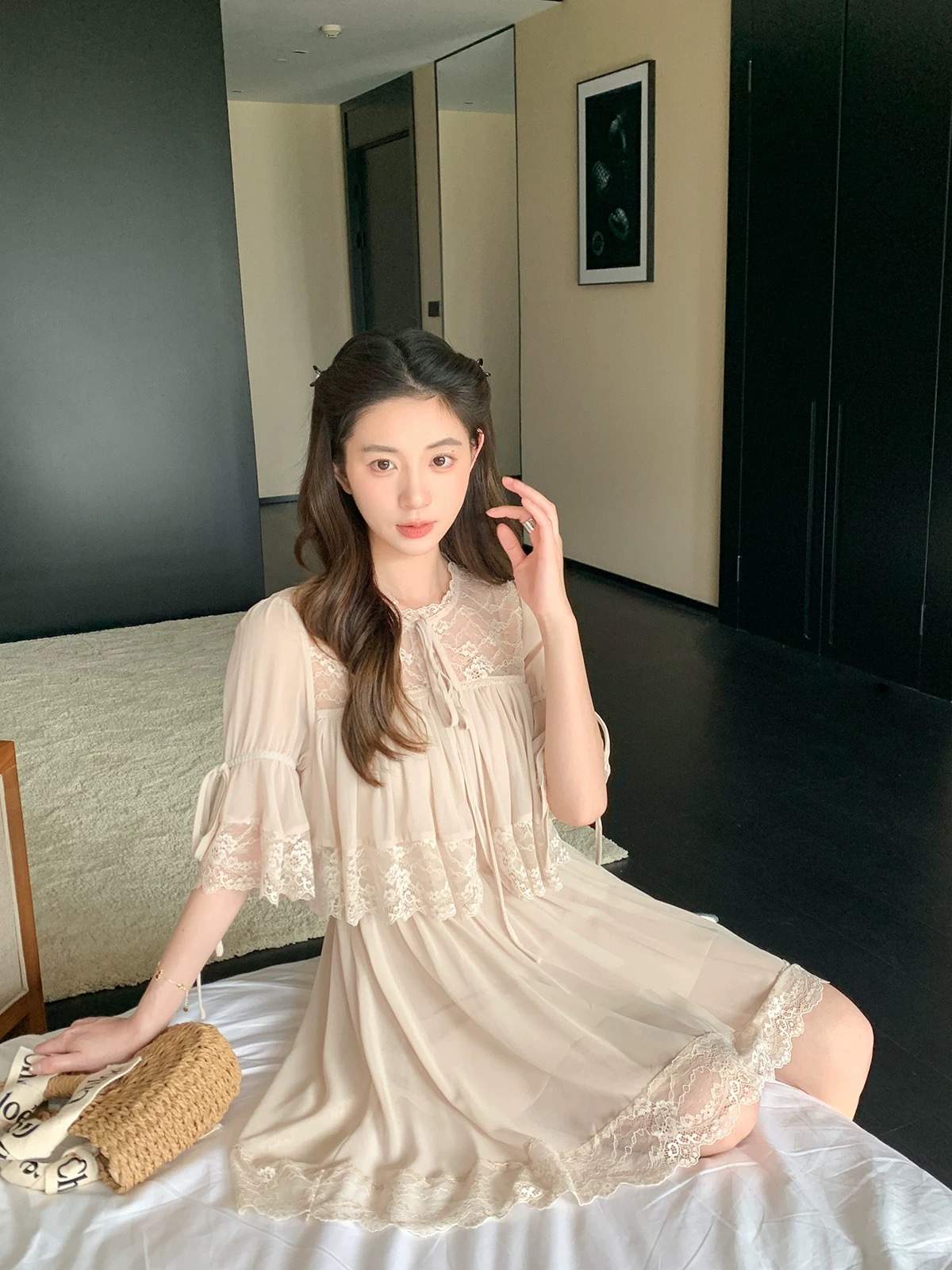 mg 아기 코끼리 열매 얼음 양조 한 빛 핑크색 레이스 인형 여성 드레스 여름 부드러운 바람 레이스업 슬림해 보이는 미니 스커트