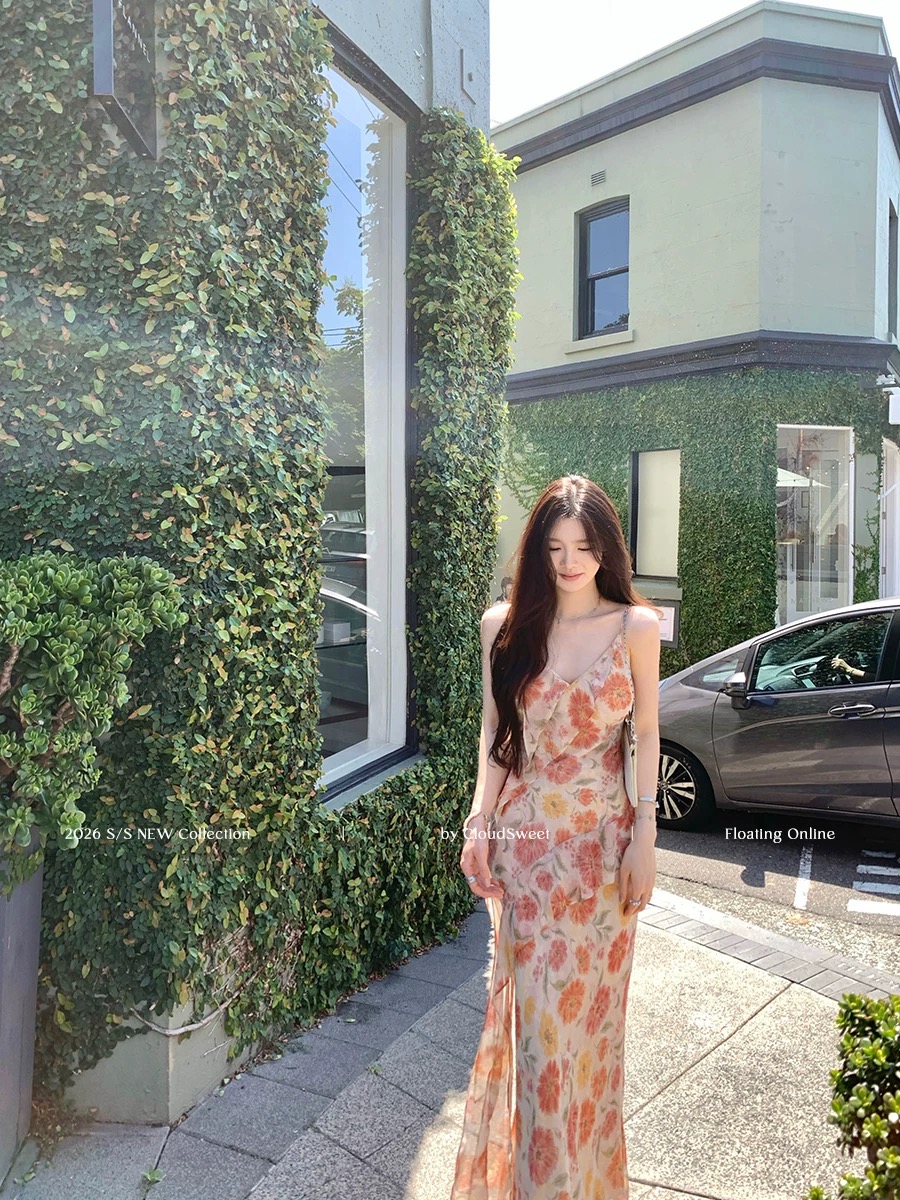 cloudsweet 흰 구름 달콤한 모든 것 자라는 중 비스듬한 자르다 프릴 꽃무늬 슬립 드레스 인어 꼬리 롱 스커트