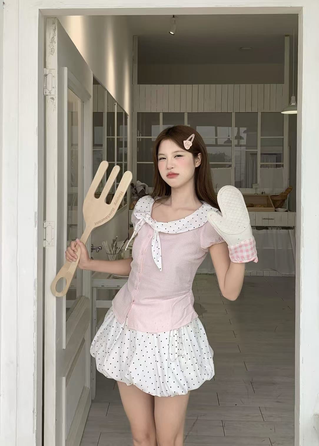 umoumo 우 버섯 여름 달콤함 도트 무늬 나비 매듭 칼라 패치워크 비스듬한 문 襟 몸매 가꾸기 셔츠
