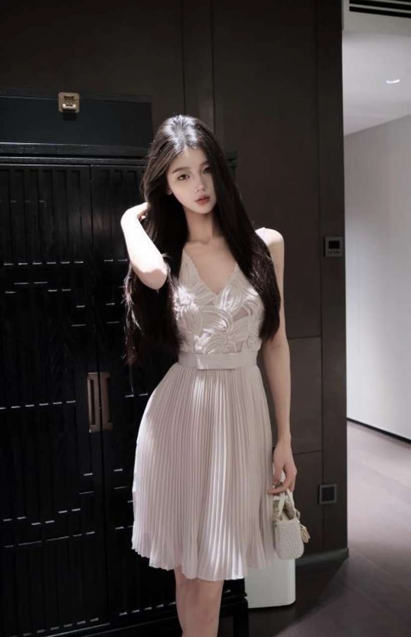 봄날 사역 보라색 나비 실 그림자 3 차원 디스크 자수 패치워크 플리츠 부드러운 바람 드레스 01782
