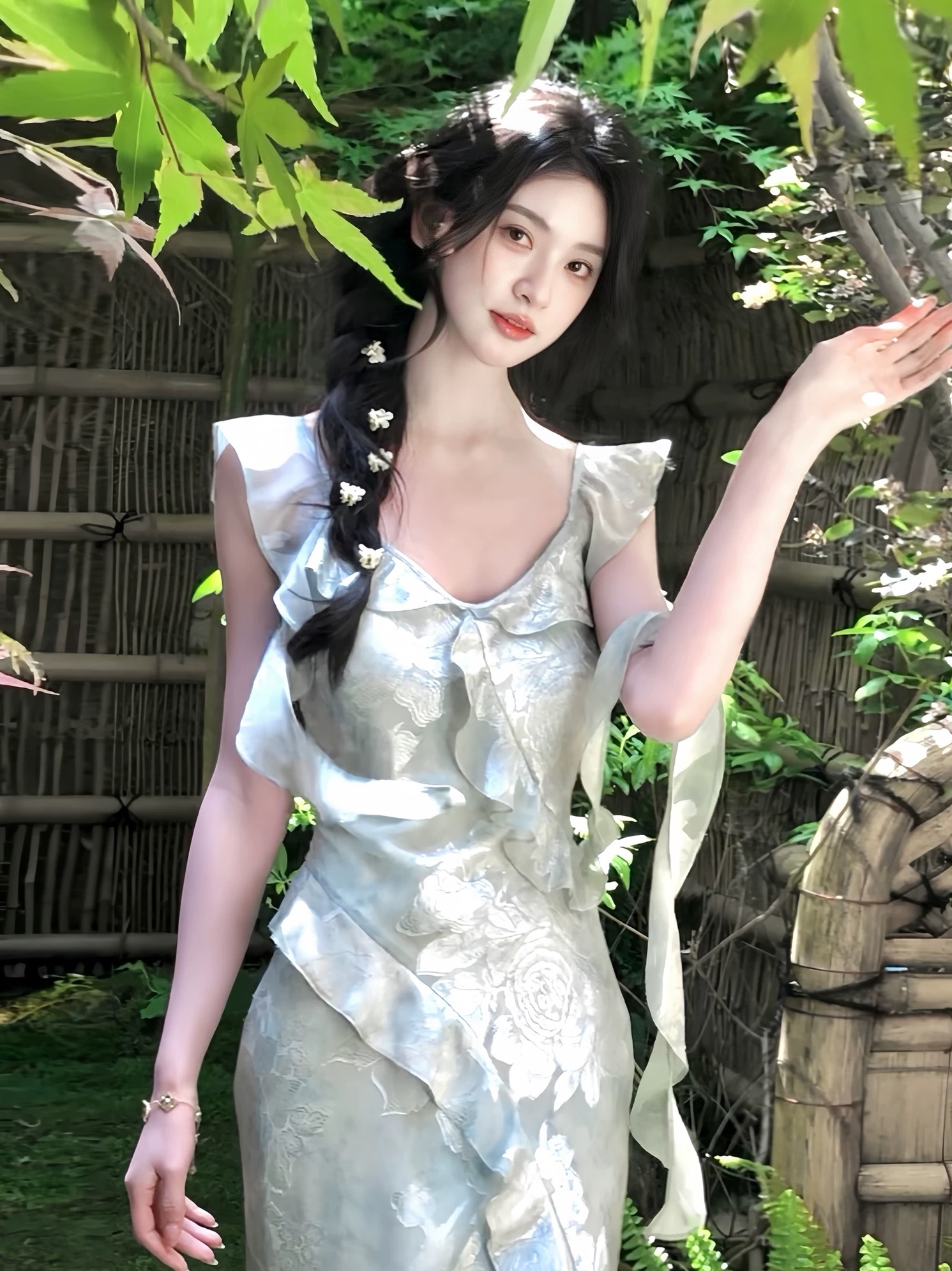하나부터 순간 여름 깊은 분위기 센스 헤일로 염색 자카드 여성 드레스 프릴 허리 수축 슬림해 보이는 인어 꼬리 롱 스커트