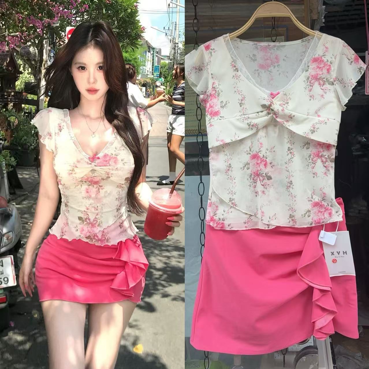 mejiu 꿀 나인 얕은 쇼어 책 제인 달콤한 매운맛 섹시함 꽃무늬 레이스 V넥 맨위 여성 여름 달콤함 순수한 욕망 반팔
