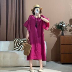批发2025棉麻新款荷叶<b class='q'>亚麻</b>前后两穿连衣裙女装大码显瘦宽松复古中<b class='q'>长裙</b>