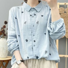 批发双层棉纱长袖<b class='q'>衬衫</b>女森系文艺小清新树叶刺绣柔软亲肤透气全棉上衣
