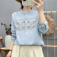 批发双层棉纱立领长袖<b class='q'>衬衫</b>女森系文艺绣花漂亮别致花朵刺绣打底衫上衣