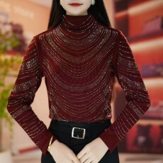 批发烫钻显瘦洋气时尚百搭长袖半高领<b class='q'>女士</b>女款上衣打底衫简约修身<b class='q'>小衫</b>