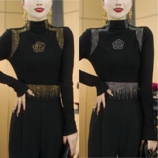 批发冬季新款时尚薄绒半高领打底衫百搭设计款<b class='q'>山茶花</b>烫钻长袖上衣女