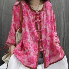 夏季新款文艺印花民族风设计复古盘扣拼色休闲百搭薄款防晒衬衫女