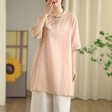 批发大码女装显瘦减龄遮肉夏季盘扣五分<b class='q'>袖</b><b class='q'>T</b><b class='q'>恤</b>苎麻中长款上衣打底衫