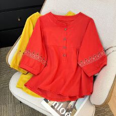批发中老妈妈大码棉麻T恤<b class='q'>衬衫</b>女2026春夏新款洋气绣花外搭五分袖上衣