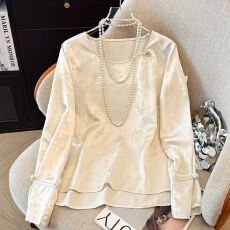 新中式马甲内搭打底衫复古上衣女长袖小衫提花仿醋酸缎面国风衬衫