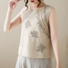 批发<b class='q'>花朵</b>刺绣新中式国风无袖上衣女夏季新款慵懒气质圆领薄款背心衬衫