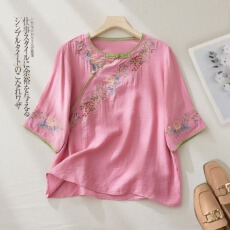 批发夏季新款文艺绣花盘扣<b class='q'>上衣</b>女国风斜襟套头衬衫复古民族圆领五分<b class='q'>袖</b>