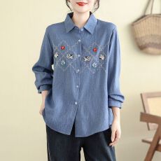 批发实拍 胖M<b class='q'>大码</b>女装刺绣衬衫春秋新款复古百搭宽松高级长袖衬衣