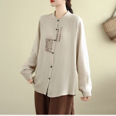 批发实拍 棉麻大码复古中国刺绣<b class='q'>长袖</b>衬衣衬衫春秋宽松百搭亚麻上衣