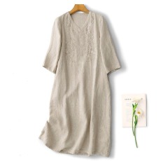 批发轻奢高端刺绣亚麻<b class='q'>连衣裙</b>女2026夏季新款宽松显瘦气质棉麻直筒裙子