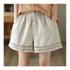 批发棉麻短裤女夏季薄款<b class='q'>复古</b>镂空花边松紧腰休闲裤宽松百搭阔腿棉麻裤