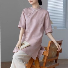 批发中国风绣花棉麻茶服<b class='q'>衬衫</b>2026夏季宽松百搭斜襟盘扣中长款上衣