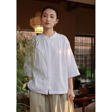 夏季新款百搭短袖开衫宽松显瘦女文艺复古简约风棉麻中袖衬衫上衣