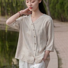 批发夏季新款V领百搭开衫宽松显瘦女文艺复古简约风<b class='q'>棉麻</b>短袖衬衫<b class='q'>上衣</b>
