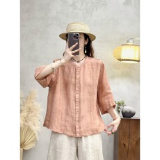 批发休闲气质夏季新款开衫宽松显瘦女文艺复古简约风<b class='q'>棉麻</b>短袖衬衫<b class='q'>上衣</b>