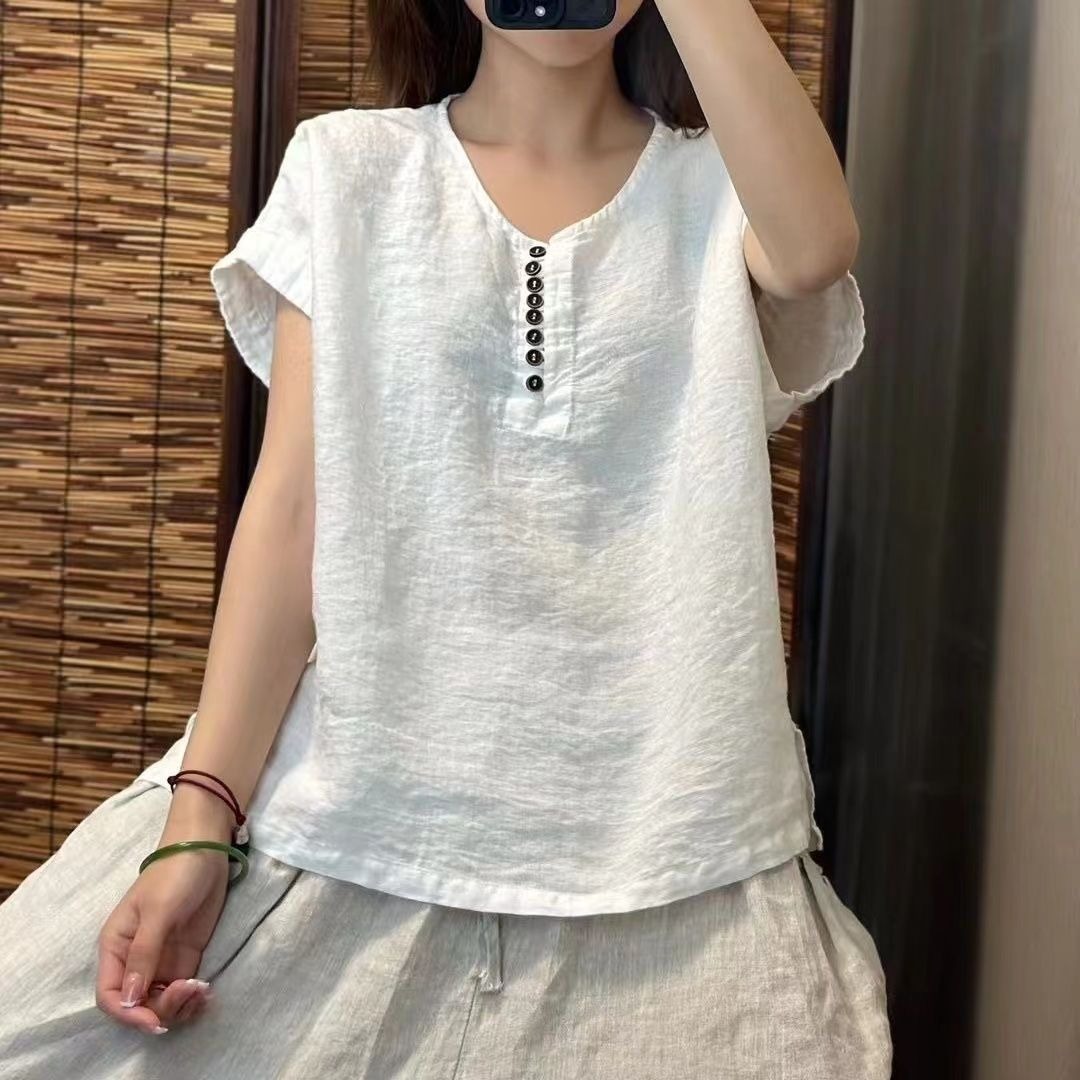 여름 새로운 문예 레트로 고급 단색 면 린넨 맨위 여성 루즈핏 라운드 넥 캐주얼 미니멀리즘 반팔 풀오버 셔츠