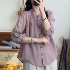 批发国风刺绣衬衫2026夏季新款复古文艺范宽松七分袖百搭<b class='q'>胖</b>mm<b class='q'>打底</b>衬衣