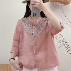 批发新中式复古<b class='q'>刺绣</b>棉麻<b class='q'>衬衫</b>女夏季新款文艺五分袖薄款透气小衫上衣