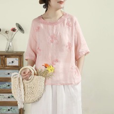 批发文艺复古棉麻<b class='q'>刺绣</b>圆领T恤女夏季新品宽松通勤百搭半袖上衣女