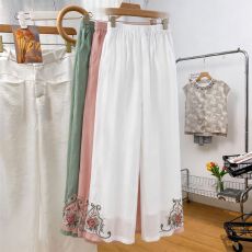 批发妈妈2026夏装<b class='q'>棉麻</b><b class='q'>阔腿裤</b>女新款夏季<b class='q'>棉麻</b>女<b class='q'>裤</b>新中式绿色绣花<b class='q'>裤</b>子薄