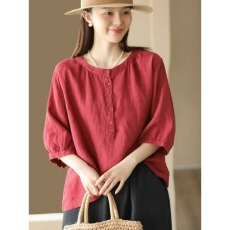 批发文艺复古夏季新款棉麻上衣<b class='q'>女</b>宽松套头衫纯色五分袖衬衣气质衬衫